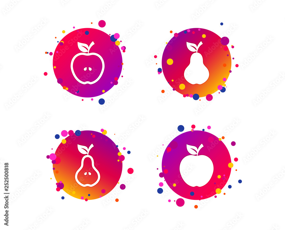 Aufkleber fruits with leaf icons. apple and pear with seeds signs. natural food symbol. gradient circle button