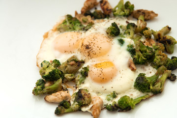 Fried eggs with broccoli and chicken meat. Healthy breakfast.