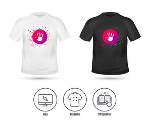 T-shirt mock up template. Hand print sign icon. Stop symbol. Realistic shirt mockup design. Printing, typography icon. Vector