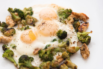Fried eggs with broccoli and chicken meat. Healthy breakfast.