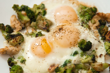 Fried eggs with broccoli and chicken meat. Healthy breakfast.