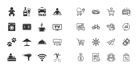 Set of Hotel services icons. Taxi, Wifi internet and Swimming pool signs. Coffee, Wine bottle and Air conditioning symbols. Paper plane, report and shopping cart icons. Group of people. Vector