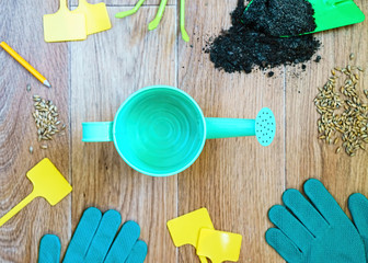 Gardening tools o wooden background with copy space
