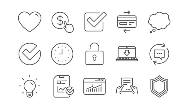 Report, Time and Credit card line icons. Statistics, Light bulb and Shield protection. Linear icon set.  Vector