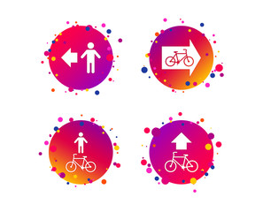 Pedestrian road icon. Bicycle path trail sign. Cycle path. Arrow symbol. Gradient circle buttons with icons. Random dots design. Vector