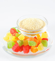 Gelatin and colorful jelly isolated on white.