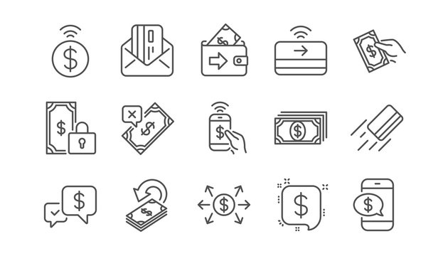 Money payment line icons. Accept transfer, Pay by Phone and Credit card. Cash linear icon set.  Vector