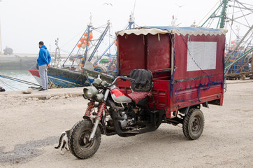Three wheeler vehicle at the fish market in Essaouira, Morocco