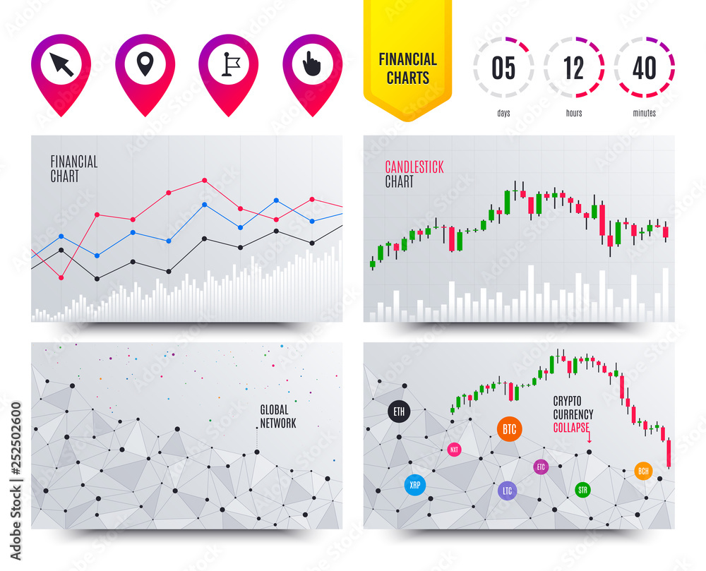 Poster financial planning charts. mouse cursor icon. hand or flag pointer symbols. map location marker sign
