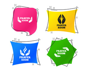Prayer room icons. Religion priest faith symbols. Pray with hands. Geometric colorful tags. Banners with flat icons. Trendy design. Vector