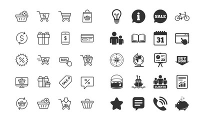 Shopping line icons. Gifts, Presents and Sale offer signs. Shopping cart, Tags and Delivery symbols. Speech bubble, Discount and Credit card. Online buying. Information, calendar and call phone icons