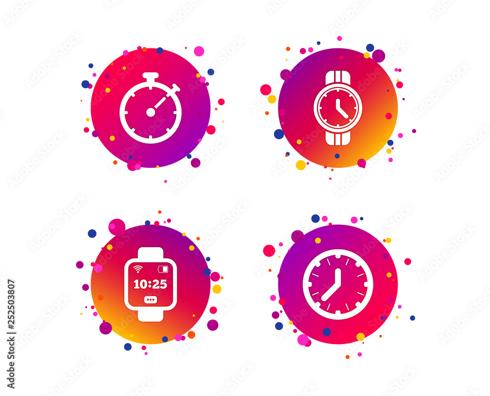 Poster smart watch icons. mechanical clock time, stopwatch timer symbols. wrist digital watch sign. gradien