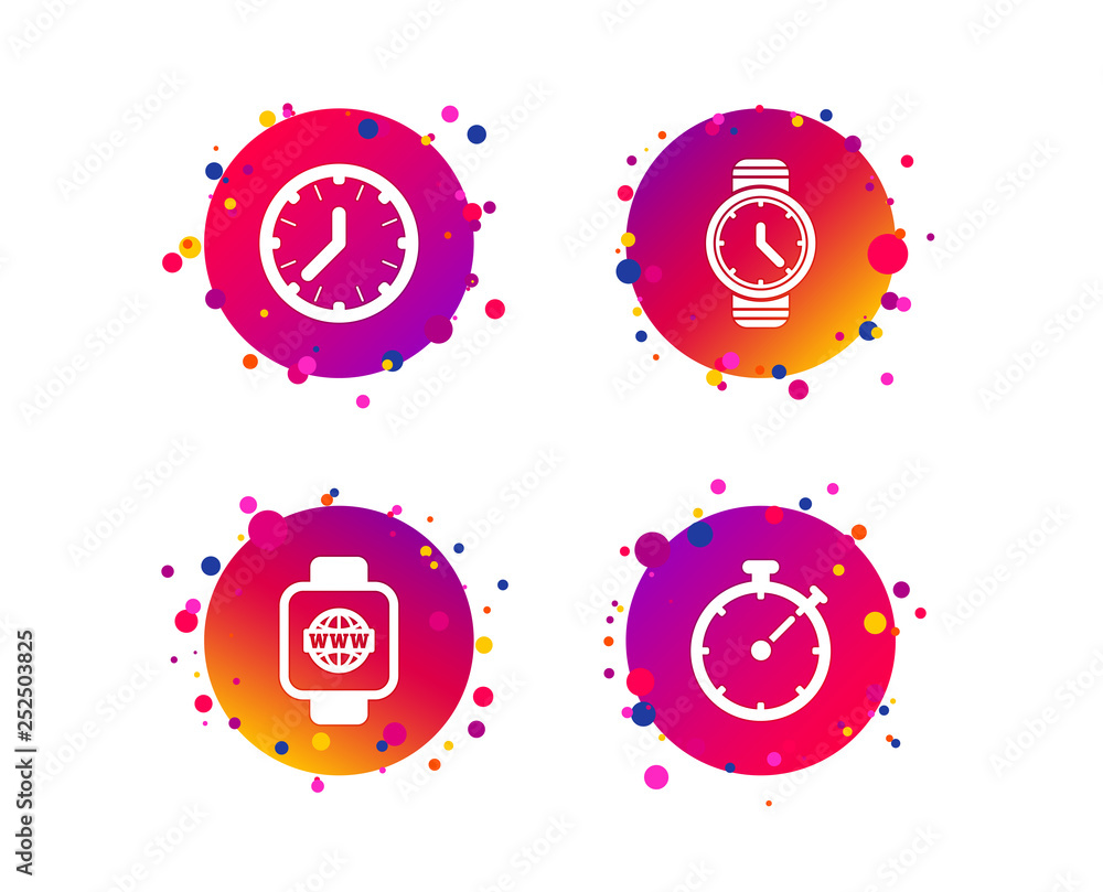 Poster smart watch with internet icons. mechanical clock time, stopwatch timer symbols. wrist digital watch