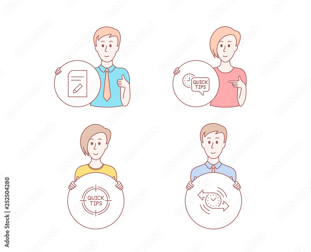 Poster people hand drawn style. set of edit document, quick tips and tips icons. timer sign. page with penc