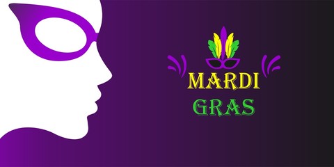 Mardi gras carnival design on dark background. Fat tuesday, carnival, festival. Illustrion for greeting card, banner, gift packaging, poster