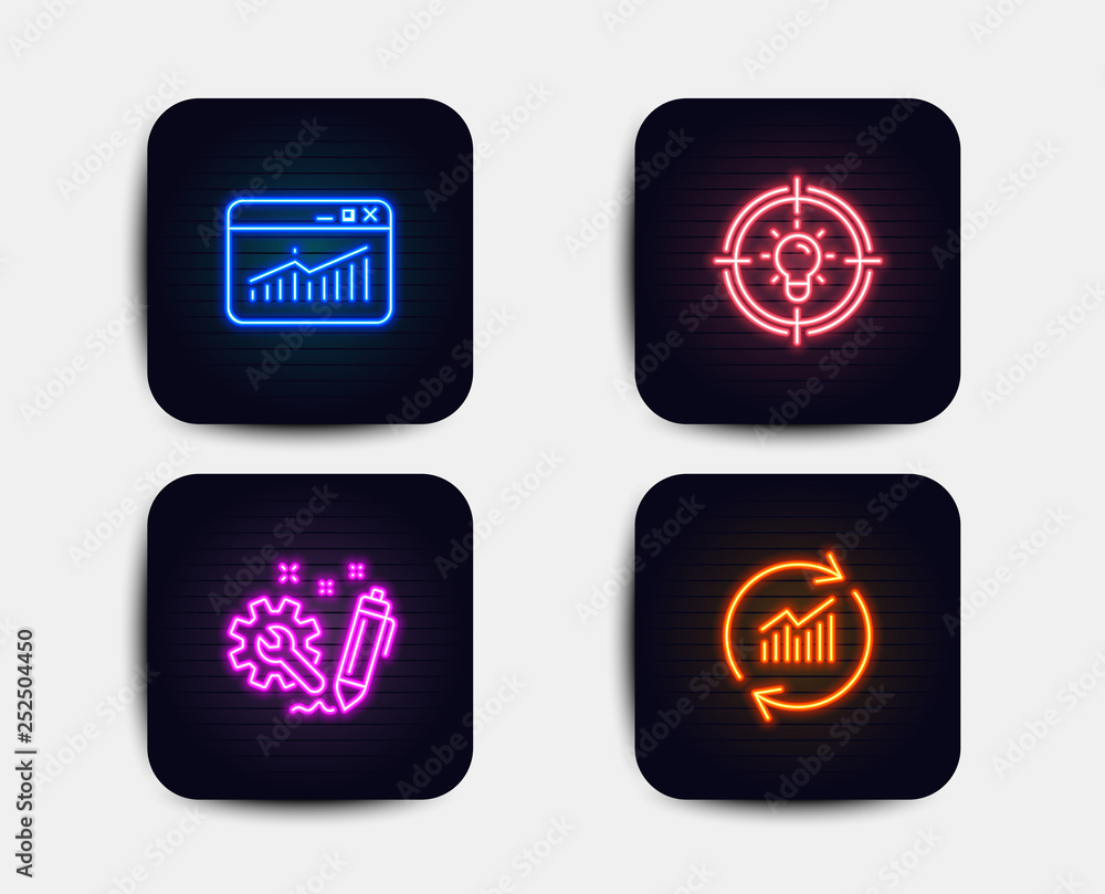 Aufkleber neon glow lights. set of website statistics, engineering and idea icons. update data sign. data anal