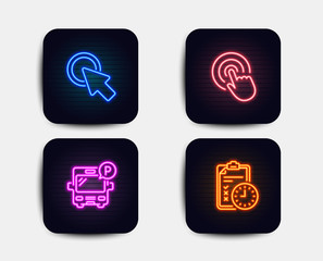 Neon glow lights. Set of Click, Bus parking and Click here icons. Exam time sign. Cursor pointer, Public park, Push button. Checklist.  Neon icons. Glowing light banners. Vector