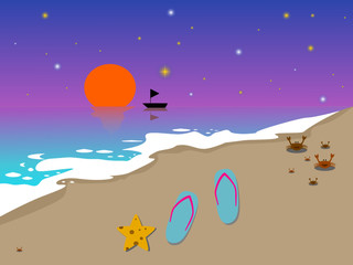 Fototapeta na wymiar Afternoon beach sunset and stars at blus purple sky 