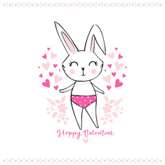 Hand drawn cute bunny girl. Funny doodle animal.