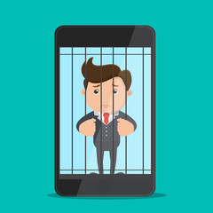 Business man trapped on the phone.Businessman hostage of modern technologies.Vector illustration.
