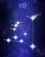 Aquila the eagle constellation on a starry space background with the names of its main stars. Relative sizes and different color shades based on the spectral star type. © Matthieu