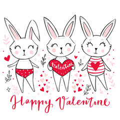 Hand drawn cute bunny girl. Funny doodle animal.