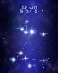 Canis Major the great dog constellation on a starry space background with the names of its main stars. Relative sizes and different color shades based on the spectral star type. © Matthieu