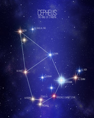 Cepheus the king of Ethiopia constellation on a starry space background with the names of its main stars. Relative sizes and different color shades based on the spectral star type. © Matthieu