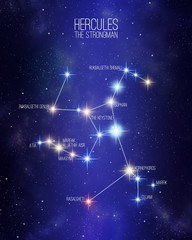 Hercules the strongman constellation on a starry space background with the names of its main stars. Relative sizes and different color shades based on the spectral star type. - obrazy, fototapety, plakaty