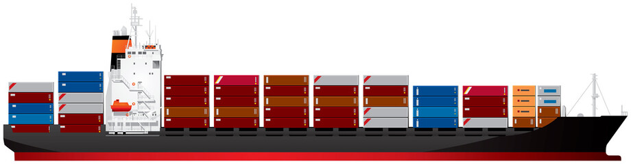 Container ship, containership, cargo ship that carry all loads in truck-size intermodal containers realistic vector illustration