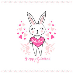 Hand drawn cute bunny girl. Funny doodle animal.