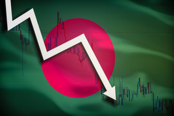 White arrow and stocks chart fall down on the background of the waving flag of Bangladesh
