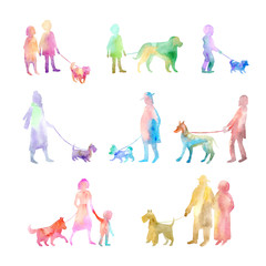 People walking dogs.Child,man,woman silhouette.Watercolor hand drawn illustration.White background.