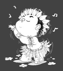 Hawaii dancing cartoon character design cute acting black and white