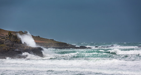 Dramatic stormy sea off the coast of Cornwall, UK