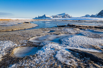 Beautiful winter landscape on Lofoten islands at a sunny day