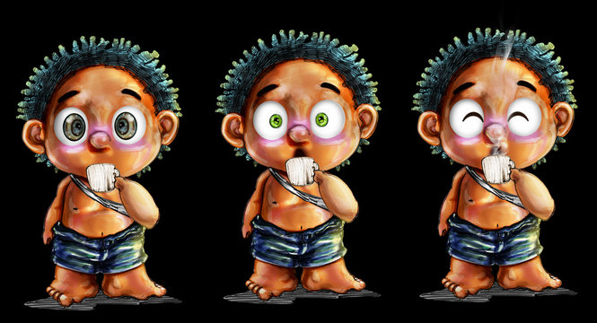 Little tribe boy cartoon character design 3 cute acting of barbarian with hot drink