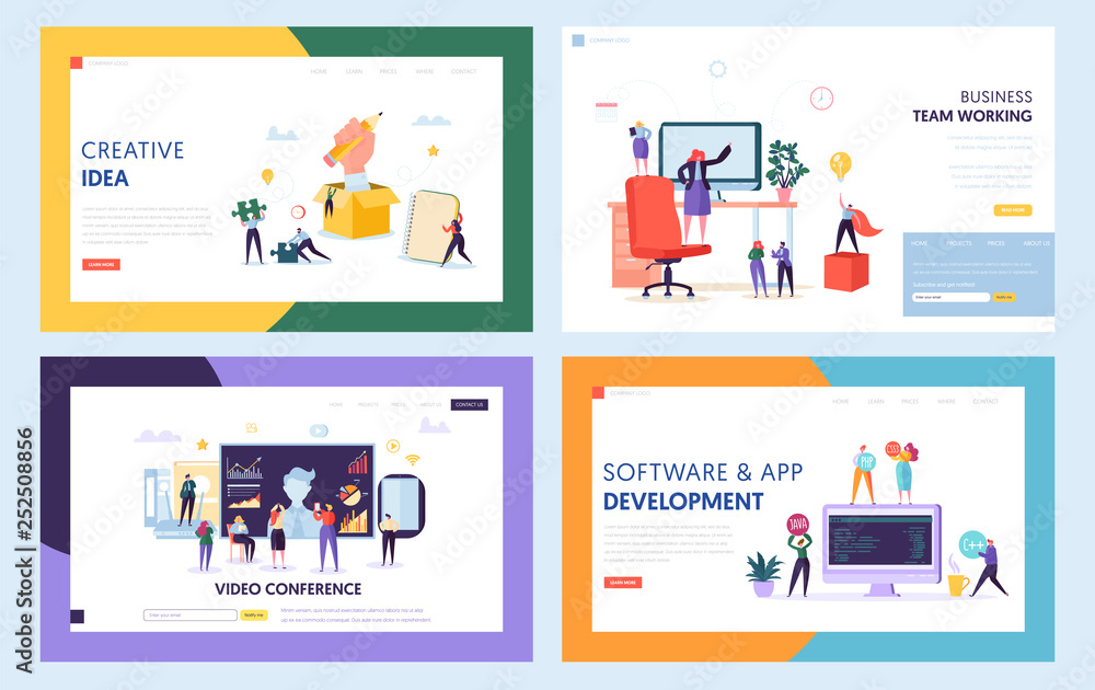 Aufkleber creative teamwork concept set landing page. people character at video conference meeting. work toget