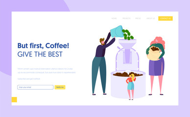Male and Female Character Make Roasting Green Coffee Bean in Metal Tank Landing Page. Coffee Production Technology. Cafeteria Concept Website or Web Page. Flat Cartoon Vector Illustration