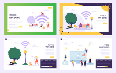 Public WiFi Hotspot Zone Concept Landing Page. Male and Female Character Use Internet in Park. People with Laptop or Smartphone Website or Web Page. Video Conference Flat Cartoon Vector Illustration