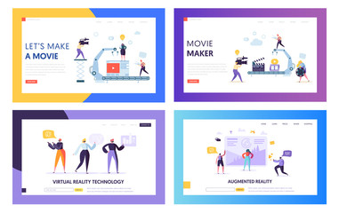 Fototapeta na wymiar Movie Making Set Concept Landing Page. People Character with Camera Shooting Editing Film in Studio. Virtual Reality Technology Website or Web Page Flat Cartoon Vector Illustration