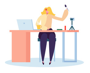 Girl Beauty Blogger Recording Makeup Video on Camera for Own Channel