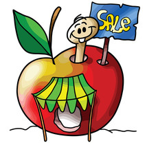 fruit, marketing, half price, maggot, animal, worm, apple, placard, advertising, art, artwork, banner, black friday, buy, cartoon, character, cheap, children, clip art, commercial, cute, design, disco
