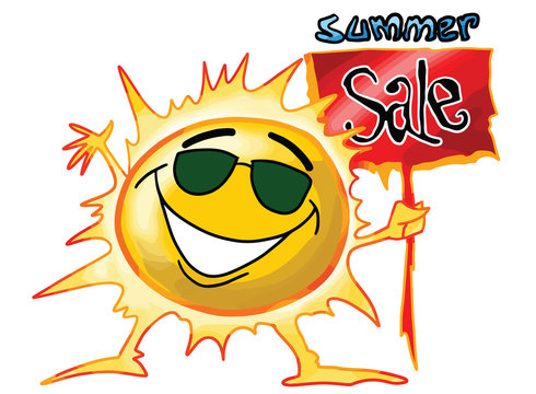 Cartoon sun holding a sale card in his hands vector illustration