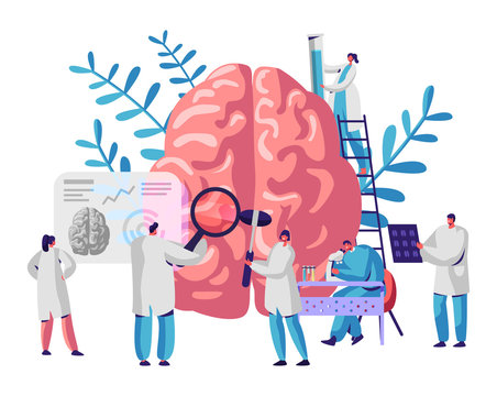 Laboratory Scientist Group Study Human Brain And Psychology. Medical Research Microscope. Head Tomography. Chemical Experiment. Diagnostics Development Hemisphere. Flat Cartoon Vector Illustration