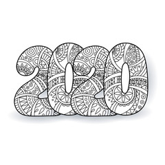 Happy New Year 2020 celebration number. Vector Xmas illustration in zentangle.