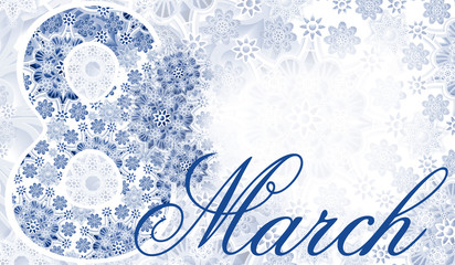 Postcard March 8. blue-white lace background. Women's holiday. Place for text. Greeting card.