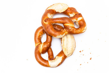 Typical German pretzel as traditionally baked, top view.