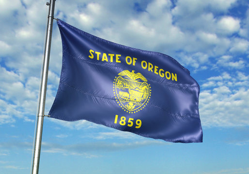 Oregon state of United States flag waving sky background 3D illustration