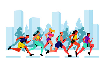 Fototapeta na wymiar City marathon vector flat illustration. Running colorful people against city background. Outdoor sport concept